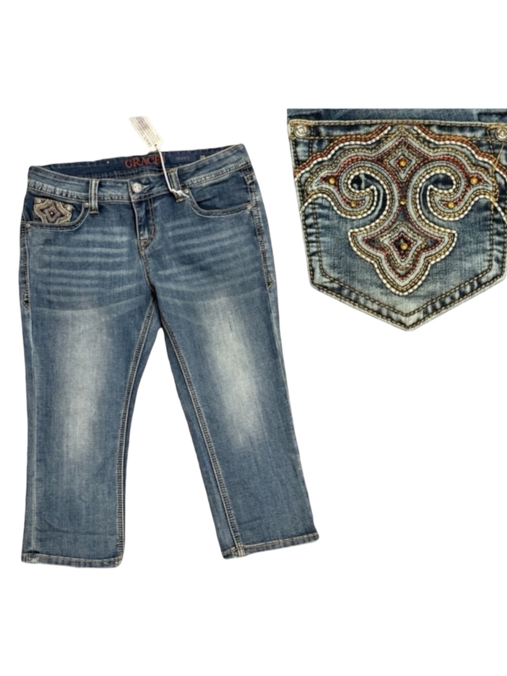 Grace in LA Y2K Crystal Embellished Capri Jeans Size 28 Low Rise western boho